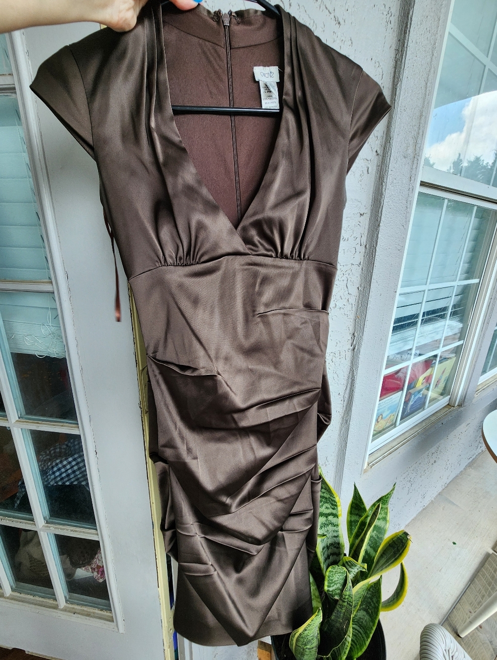 Cache Gorgeous Oasis Brown V-Neck Ruched Midi Dress Sz 2 Vintage Y2k B13